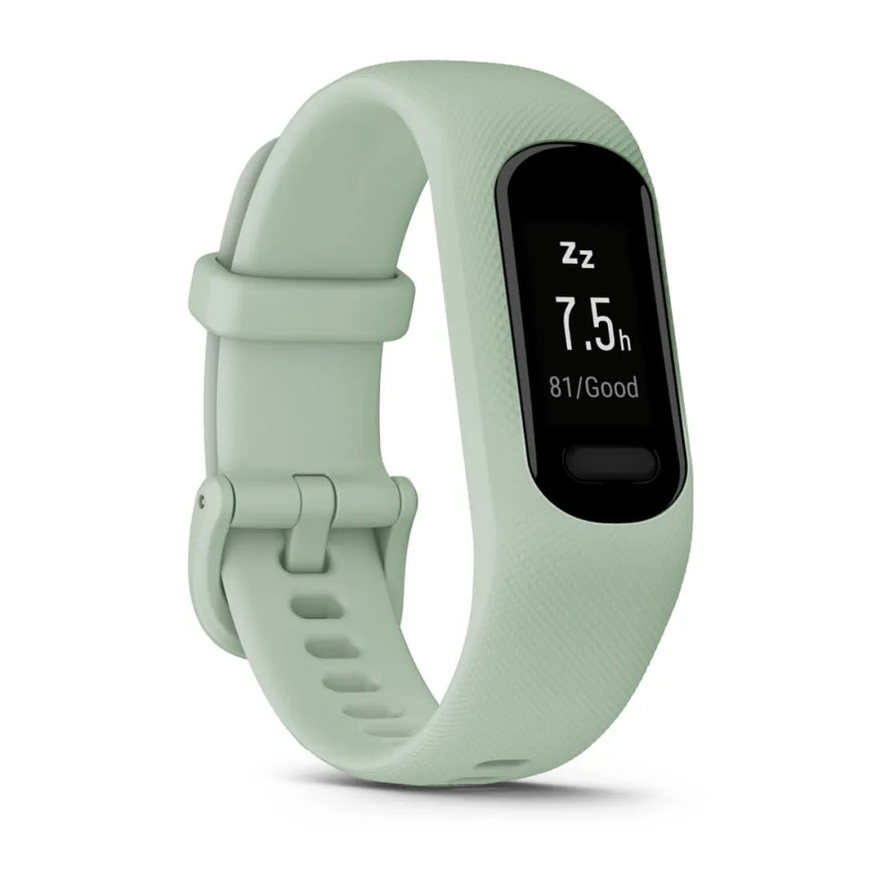 Garmin vivosmart 5 fitness tracker in a light green color, displaying sleep data on the screen.