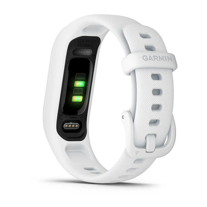 Garmin vivosmart 5 fitness tracker in white, featuring a sleek design with green sensors on the back.