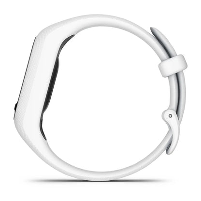 Garmin vivosmart 5 fitness tracker in white, shown from the side with a sleek design and adjustable strap.