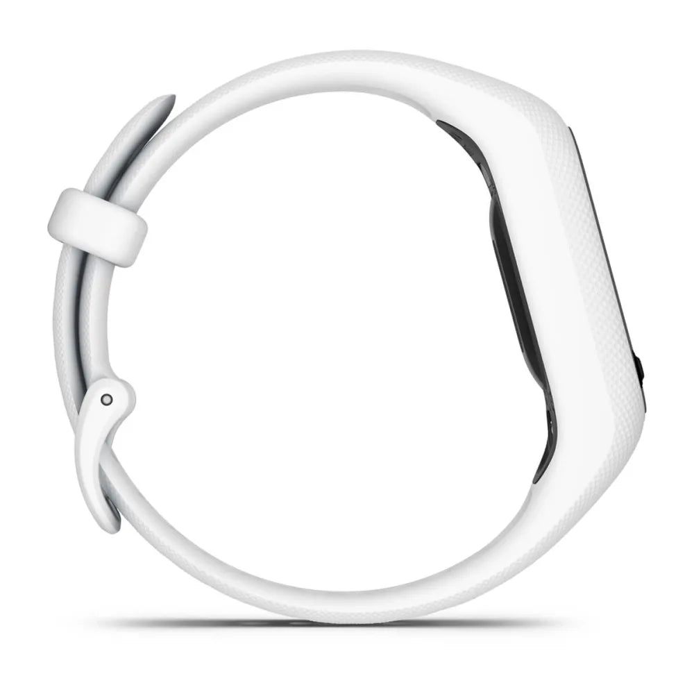 Side view of a Garmin vivosmart 5 fitness tracker in white, showcasing its sleek design and adjustable strap.