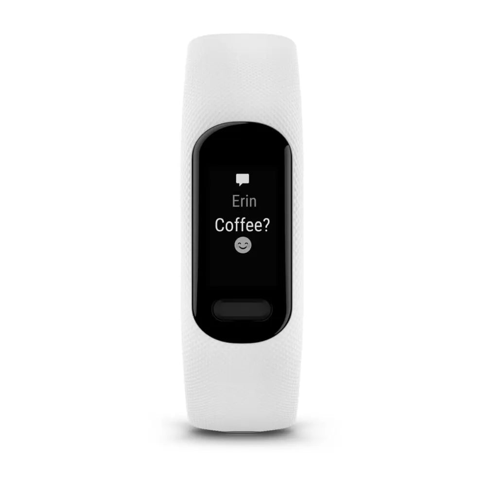 Garmin vivosmart 5 fitness tracker displaying a message that says 'Erin? Coffee?' on its screen.