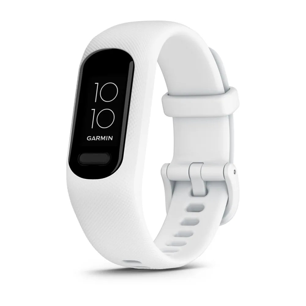 Garmin vivosmart 5 fitness tracker in white with a black display showing the time.