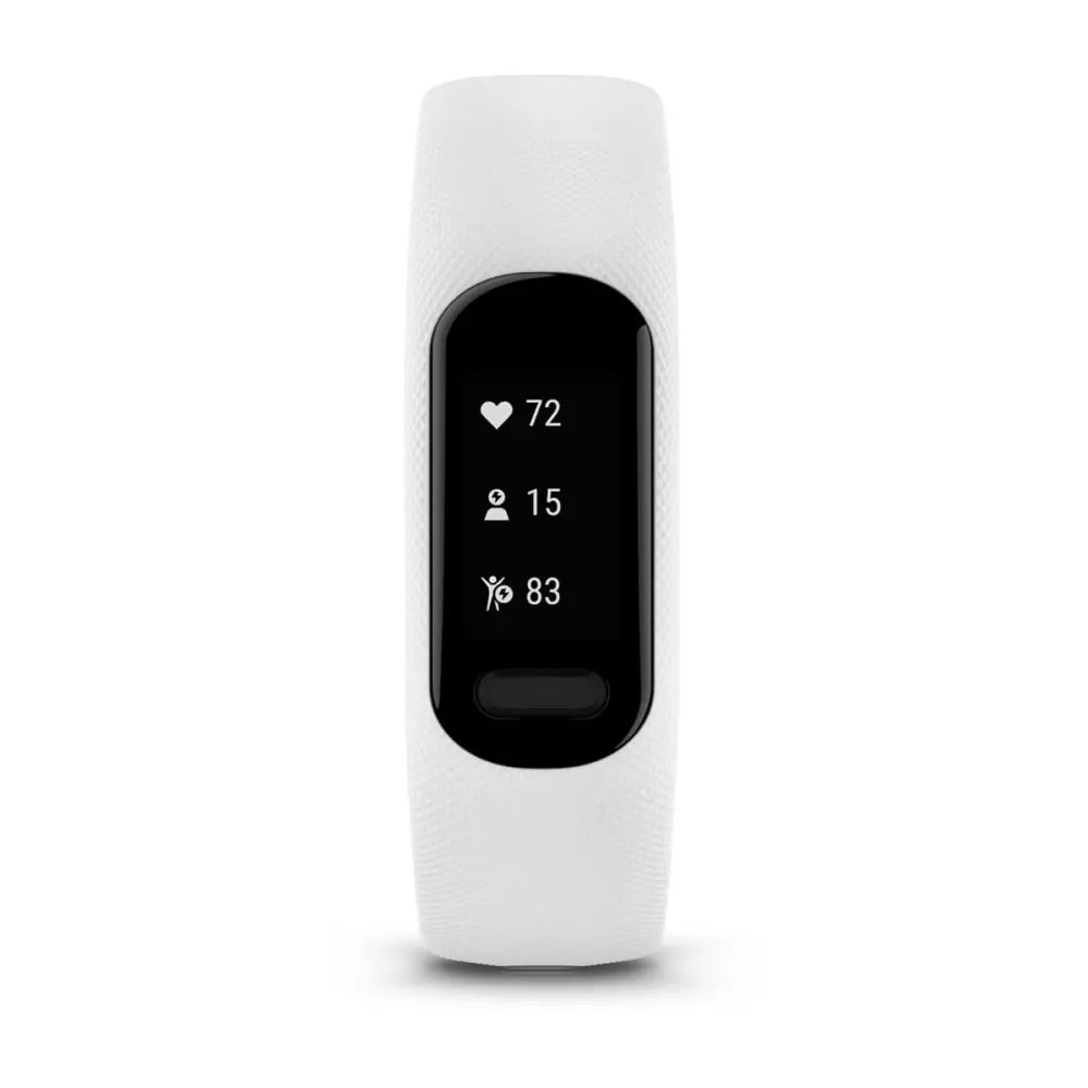Garmin vivosmart 5 fitness tracker displaying heart rate, steps, and activity levels on a sleek white band.