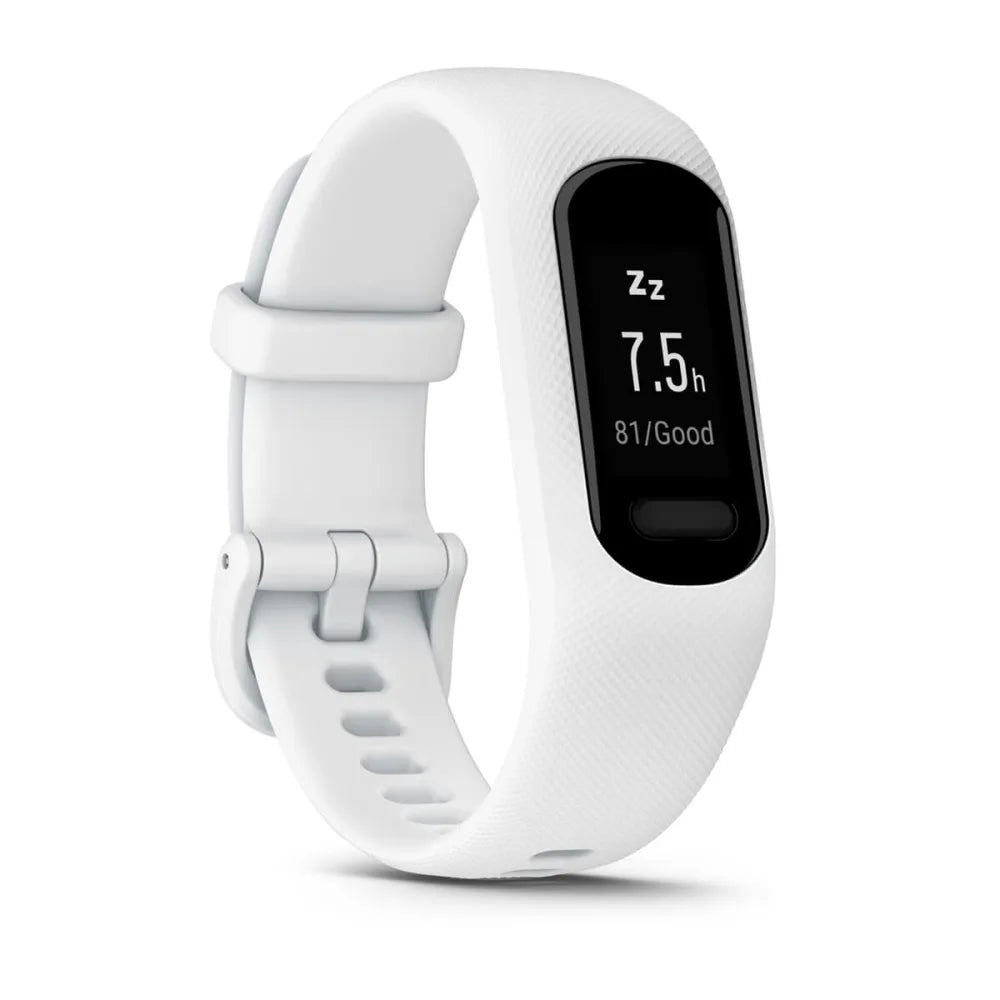 Garmin vivosmart 5 fitness tracker in white, displaying sleep data with a reading of 7.5 hours.
