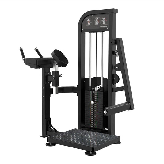 Glute isolator machine with weight stack and padded seat.