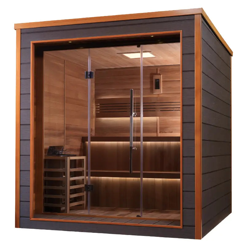 Modern outdoor sauna cabin with glass doors and warm wooden interior.