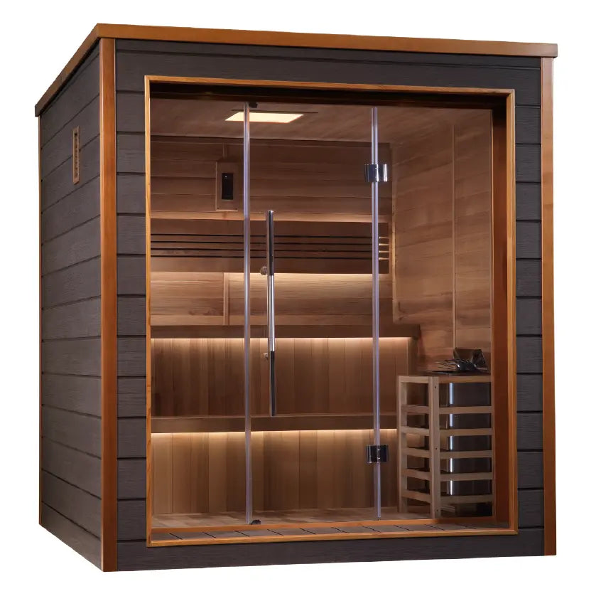 Traditional 6-person wooden sauna with glass door and warm interior seating