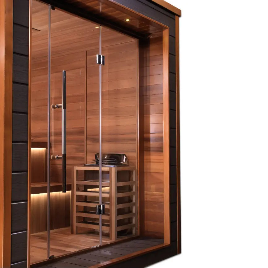 6-person traditional wooden sauna with glass door and heater.