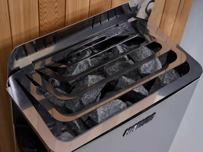 Golden Designs Bergen sauna heater with stacked lava rocks.