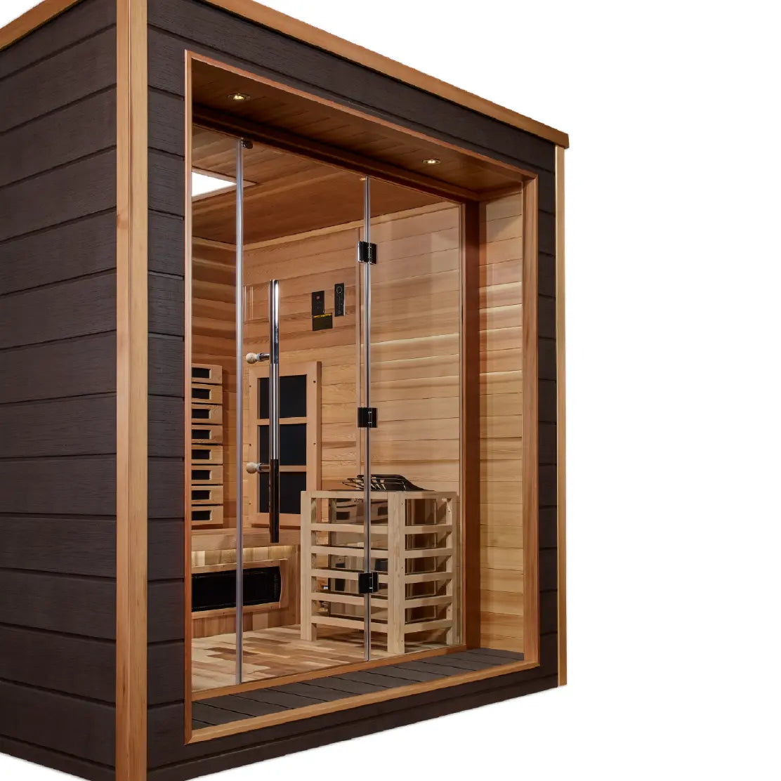 Modern glass-door sauna with warm wooden interior.