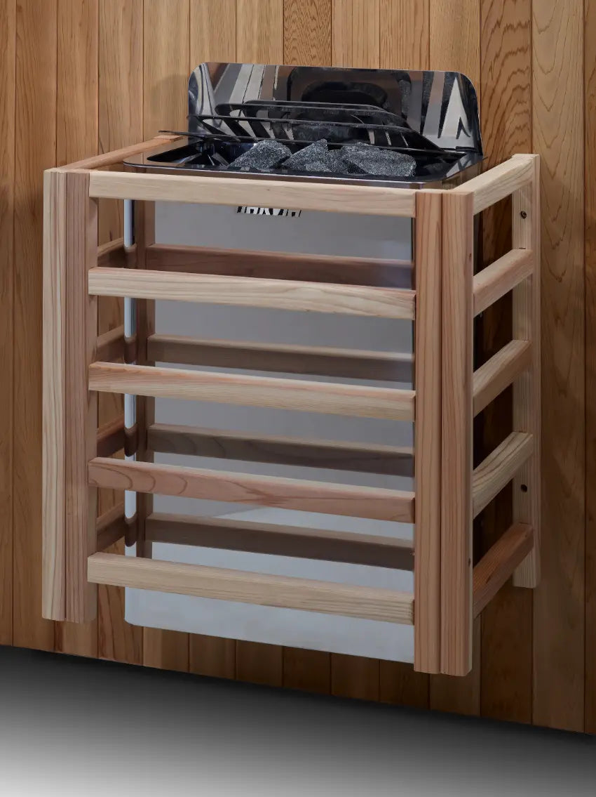 Compact wooden sauna cabinet with slatted sides and heater on top.