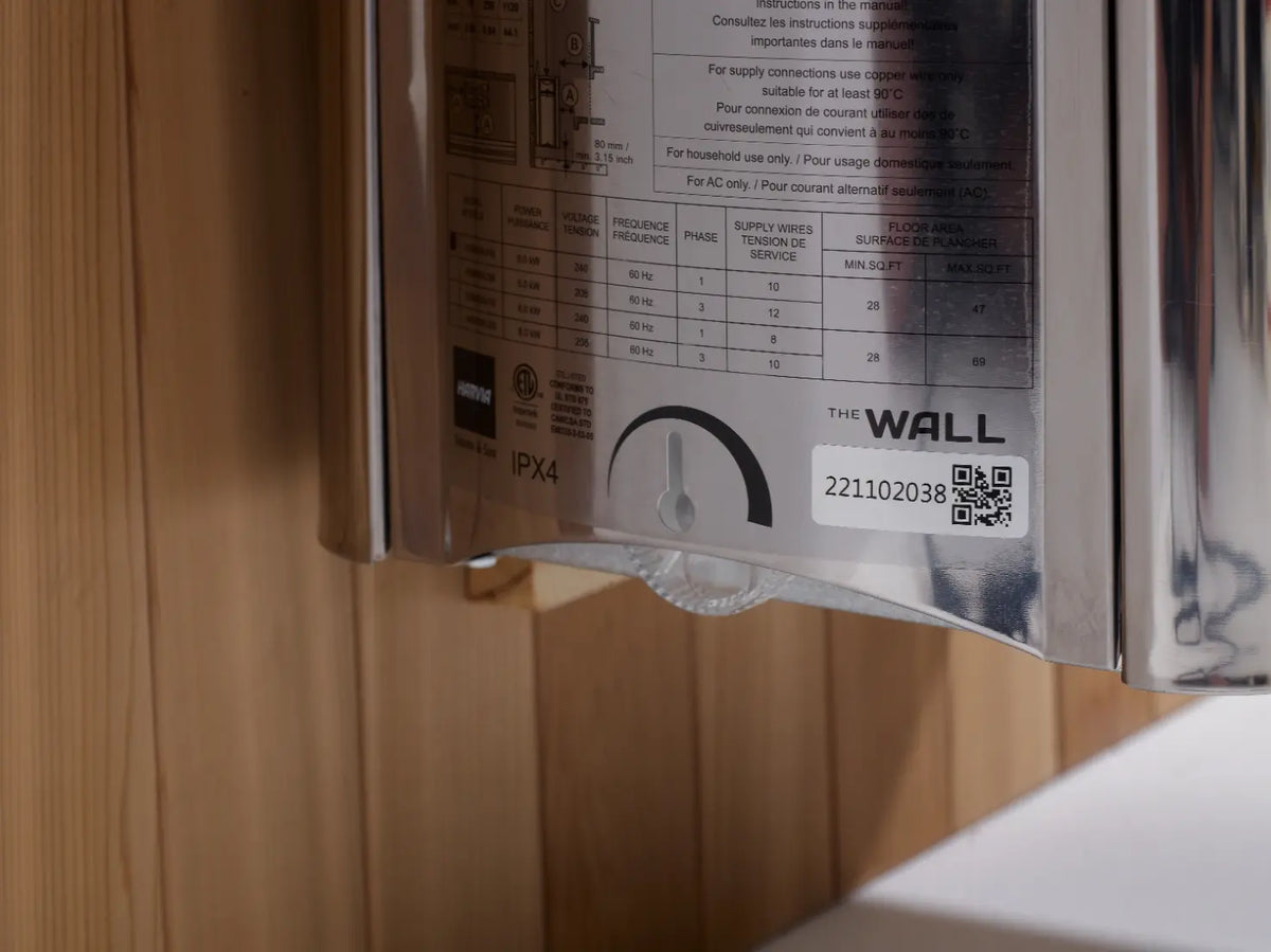 Close-up of a Golden Designs Visby 3-Person Hybrid Sauna heater control panel.