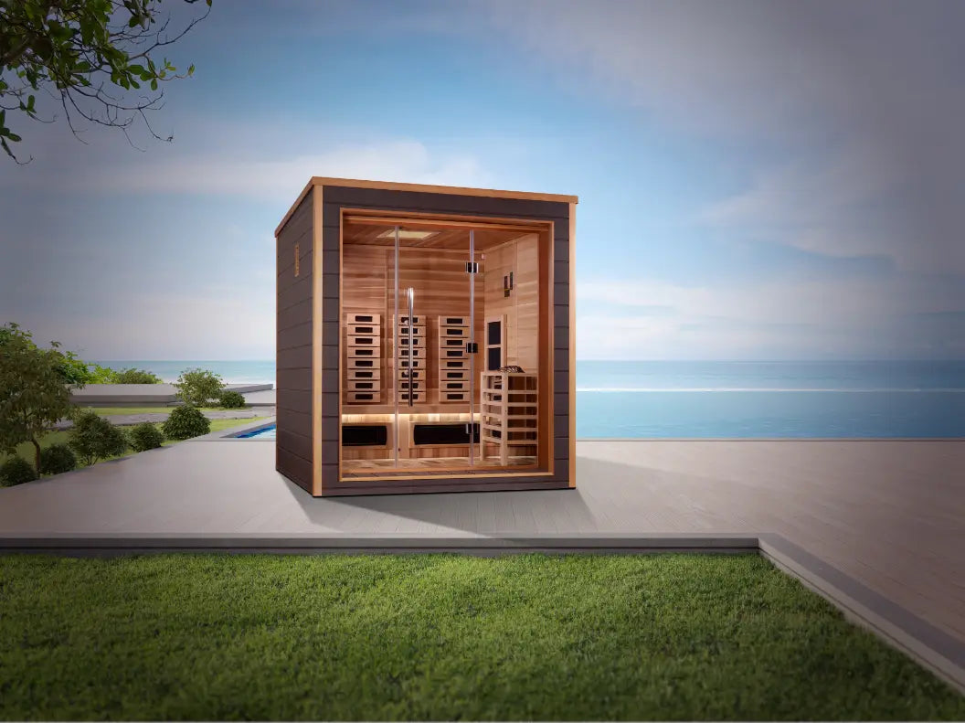 Three-person wooden sauna cabin near the seaside.