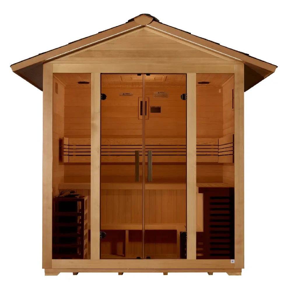 Golden Designs Vorarlberg 5-person traditional wooden sauna with glass doors