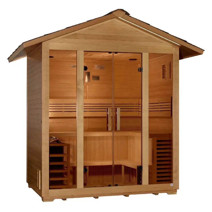 Traditional wooden sauna with glass doors and bench seating.