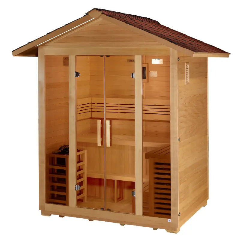 Traditional wooden sauna cabin with glass doors for five people.