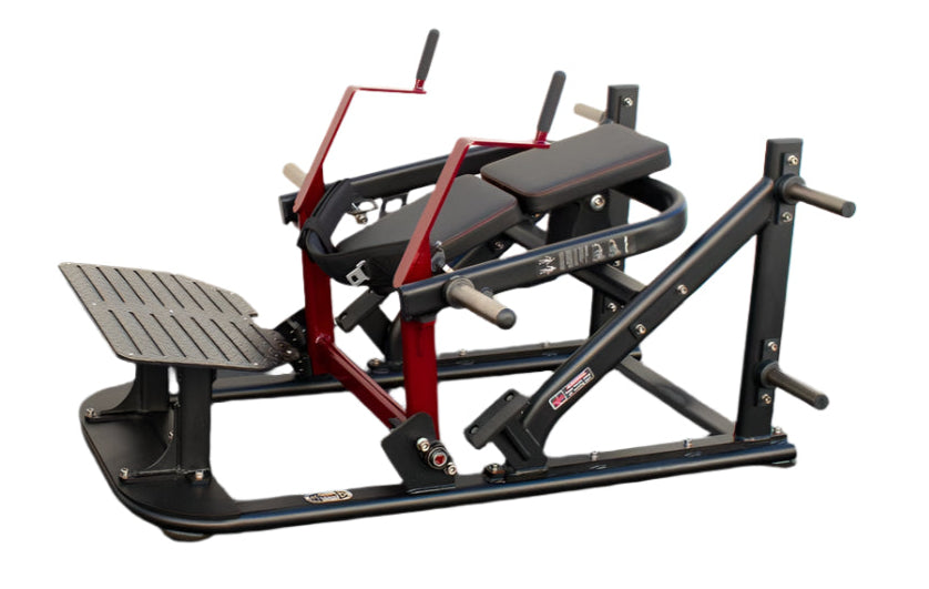 Leg extension and hack squat machine with padded seats and handlebars.