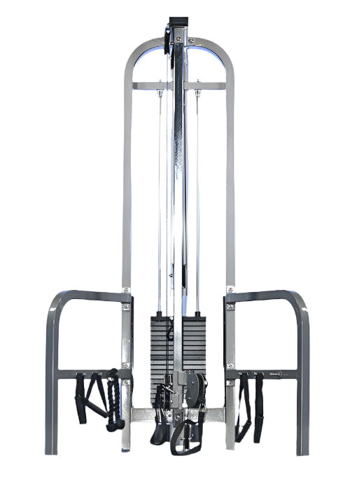 Hi/low pulley combination gym machine with weight stack and attachments.