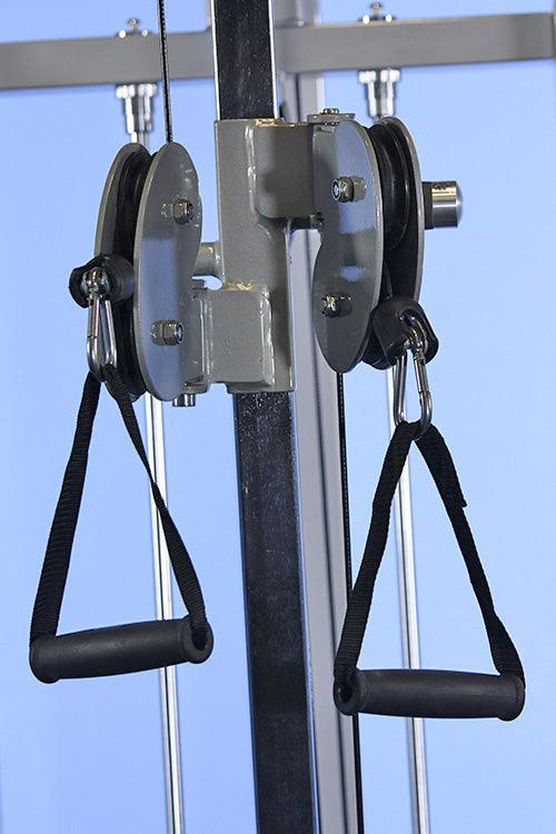 Hi/low pulley combo machine with handles and weight pulleys.