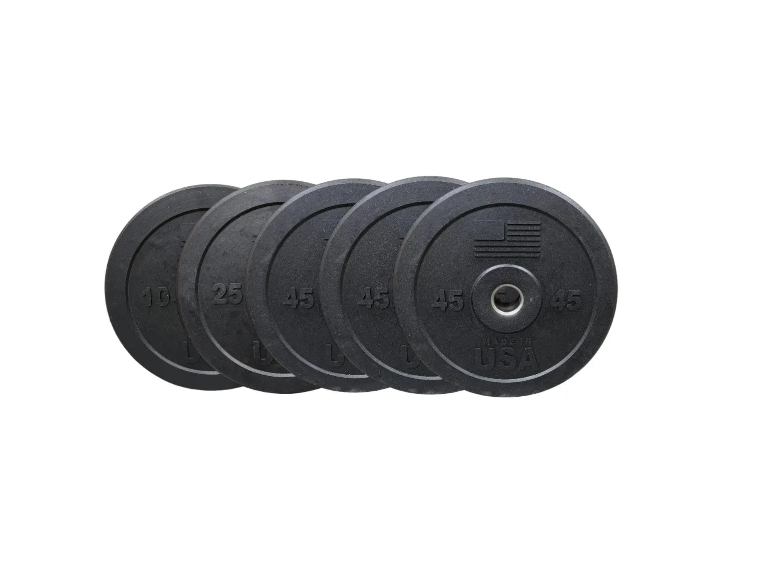 Five black rubber bumper plates with weight markings of 10, 25, 45, 45, and 45 pounds, each featuring a center steel insert and "Made USA" text on the rightmost plate.