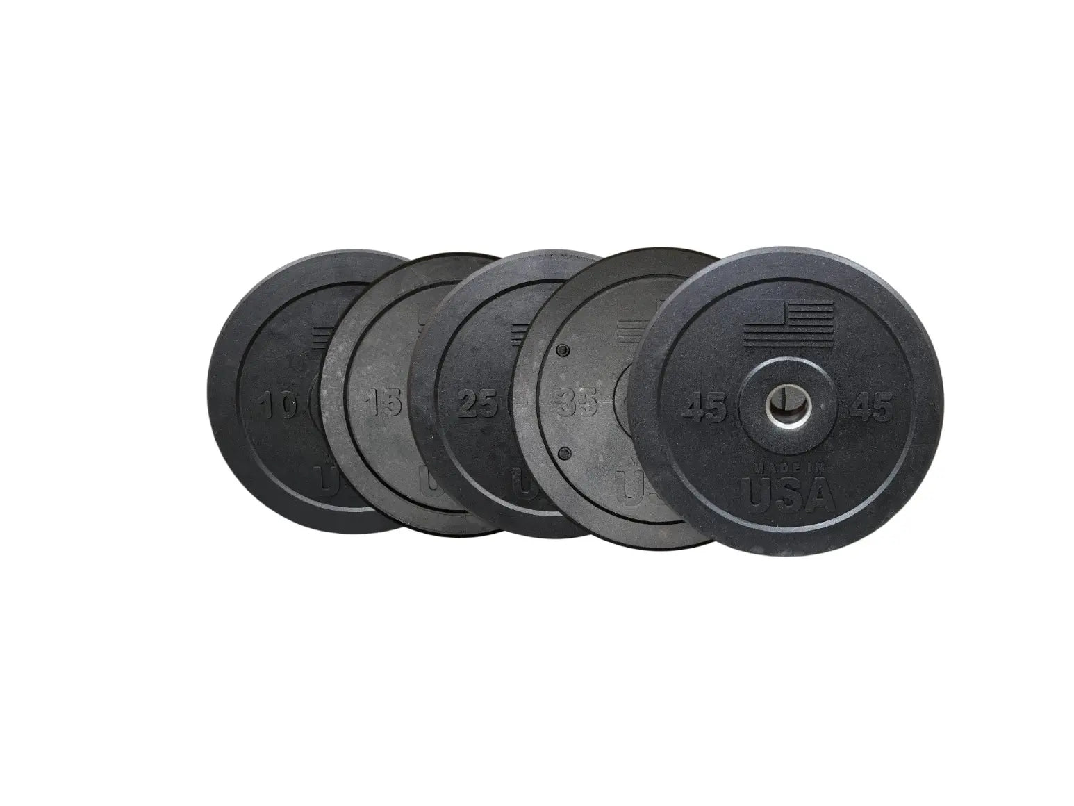 Five black rubber bumper plates with weight markings of 10, 15, 25, 35, and 45 pounds, each featuring a center hole for bar insertion and "USA" text visible on the plates.