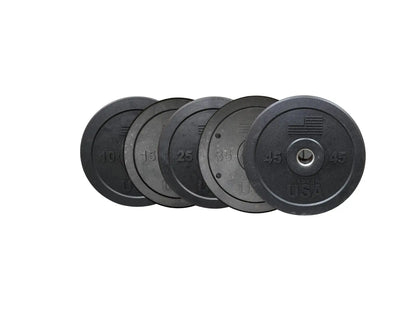 Five black rubber bumper plates with weight markings of 10, 15, 25, 35, and 45 pounds, each featuring a center hole for bar insertion and "USA" text visible on the plates.
