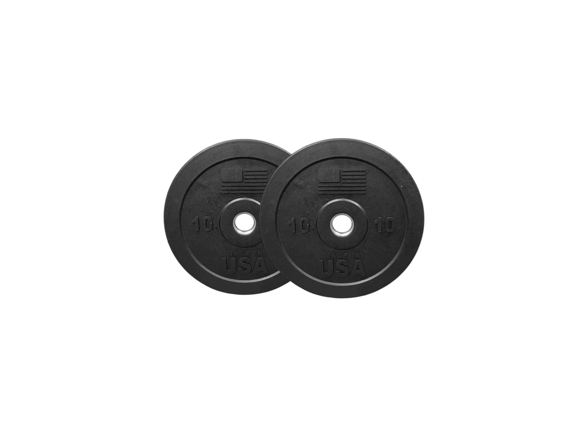 Pair of black rubber bumper plates marked 10 lb each with center holes for barbell loading, displayed against a white background.