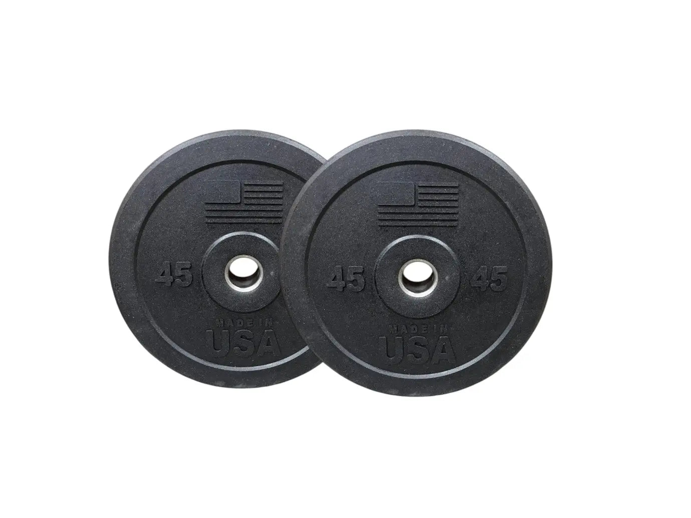 Pair of black rubber bumper plates marked 45 pounds each with white center rings and "USA" text, displayed against a white background.