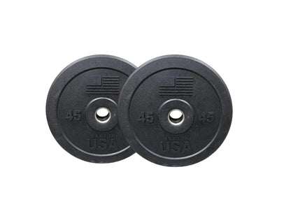 Pair of black rubber bumper plates marked 45 pounds each with white center rings and "USA" text, displayed against a white background.