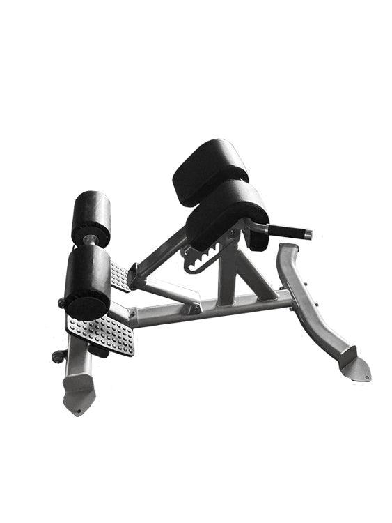 Hyperextension bench with padded leg supports and back pad.