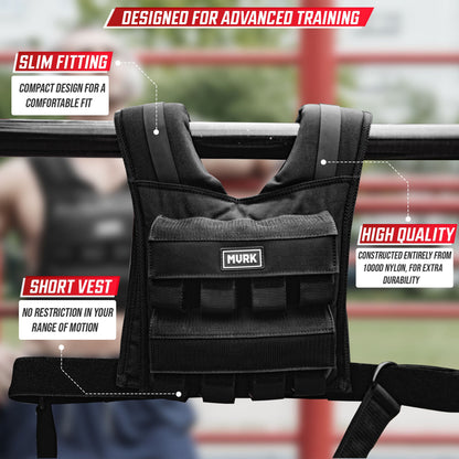 Black slim-fitting tactical vest with pockets on a bar; training gear.