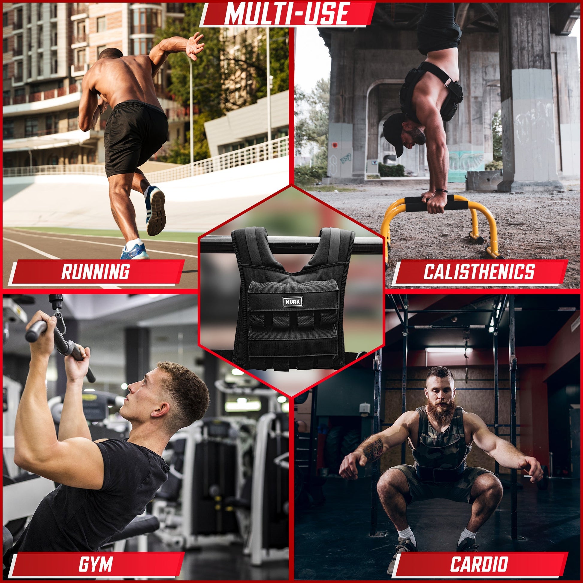Multi-use weight vest shown with running, calisthenics, gym, and cardio scenes.