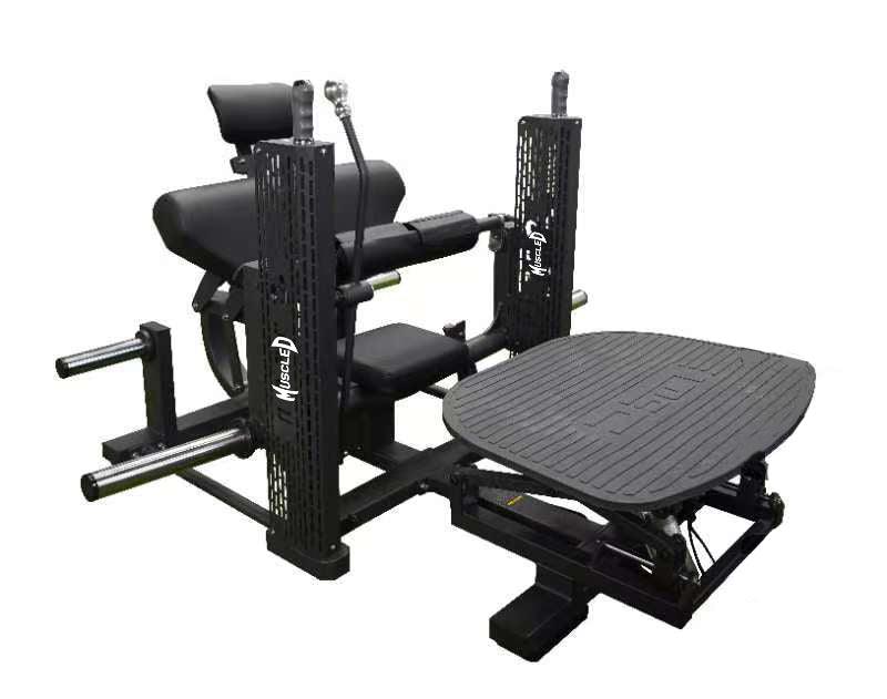 MuscleD leg extension and leg curl gym machine with an adjustable bench.