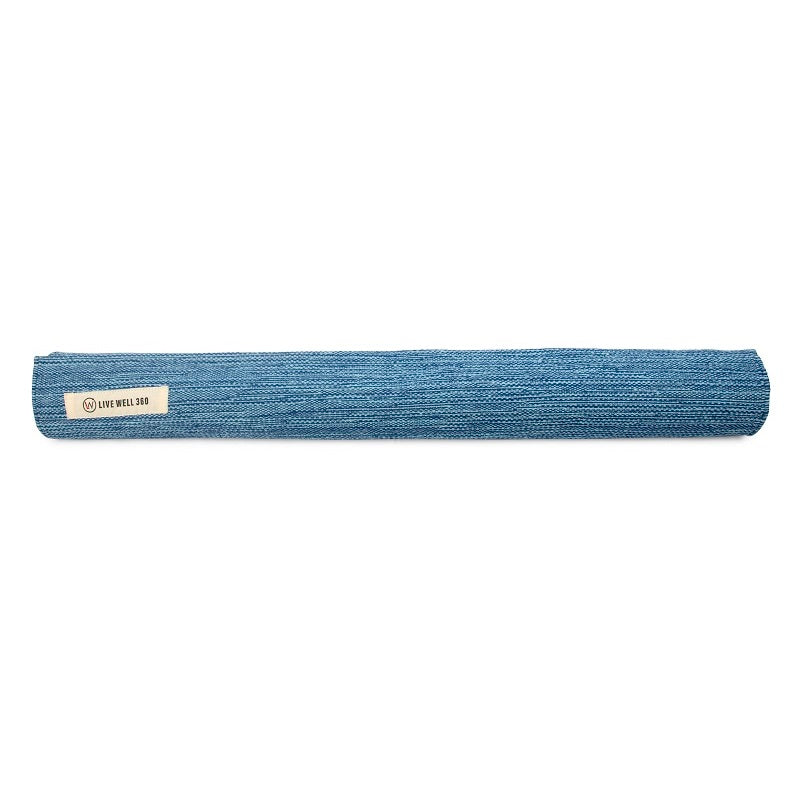 Blue rolled yoga mat with a Live Well 360 label.