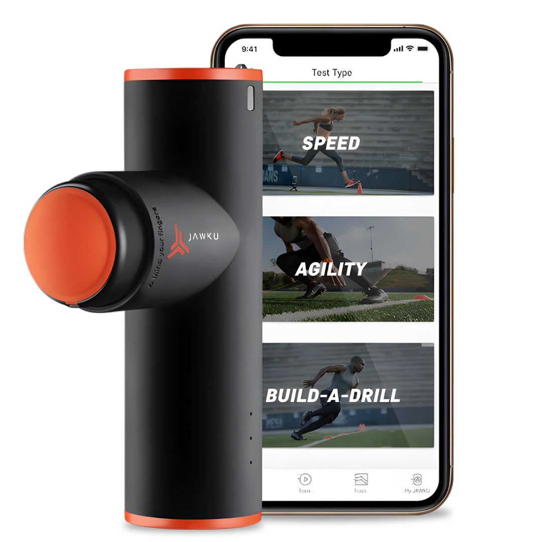 Jawku Speed Trainer with black and orange design beside smartphone displaying speed and agility tests.