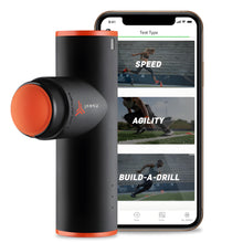Jawku Speed Trainer with black and orange design beside smartphone displaying speed and agility tests.
