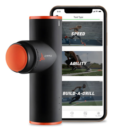 Jawku Speed Trainer with black and orange design beside smartphone displaying speed and agility tests.