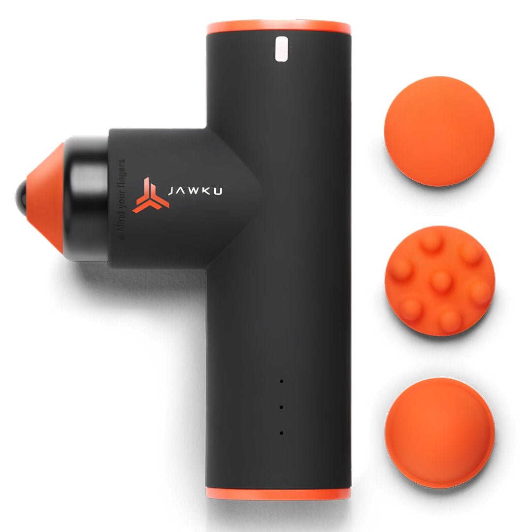 Black Jawku massage gun with orange accents and three interchangeable heads.