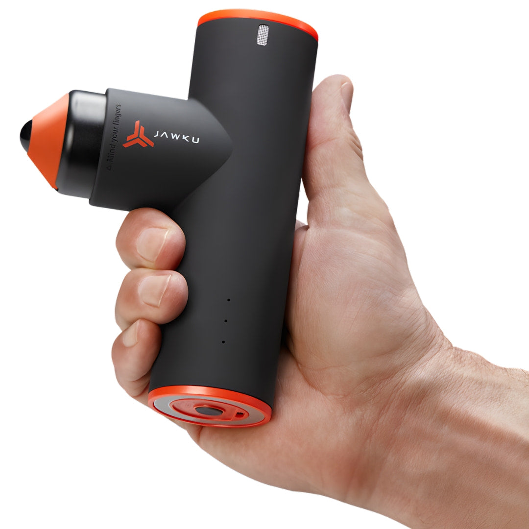 Jawku black and orange massage gun held in hand, compact design.