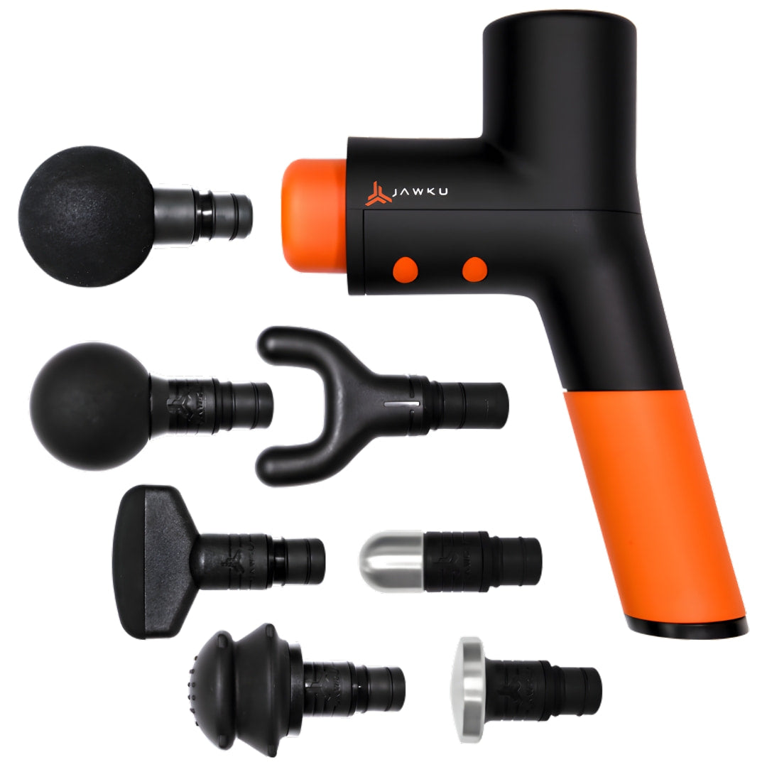 Jawku massage gun with six interchangeable heads, black and orange design.