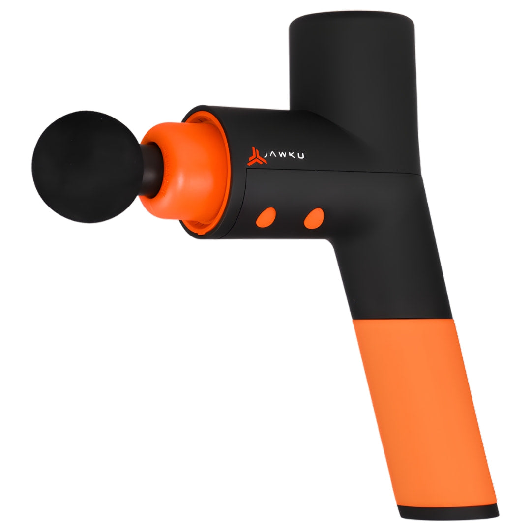 Jawku black and orange massage gun with ergonomic grip.