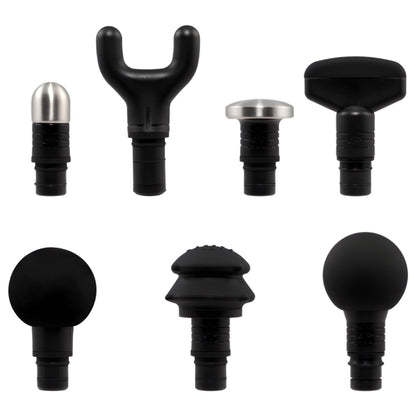 Massage gun attachments set, including fork, round, and flat heads, in black and silver.