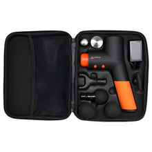 Jawku massage gun kit with orange accents and multiple attachments in a black carrying case.
