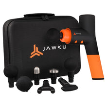 JAWKU massage gun in black and orange with multiple attachments and carrying case.