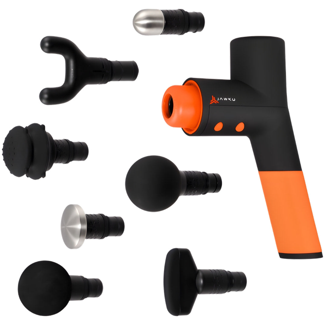 Jawku orange and black massage gun with seven interchangeable attachments.