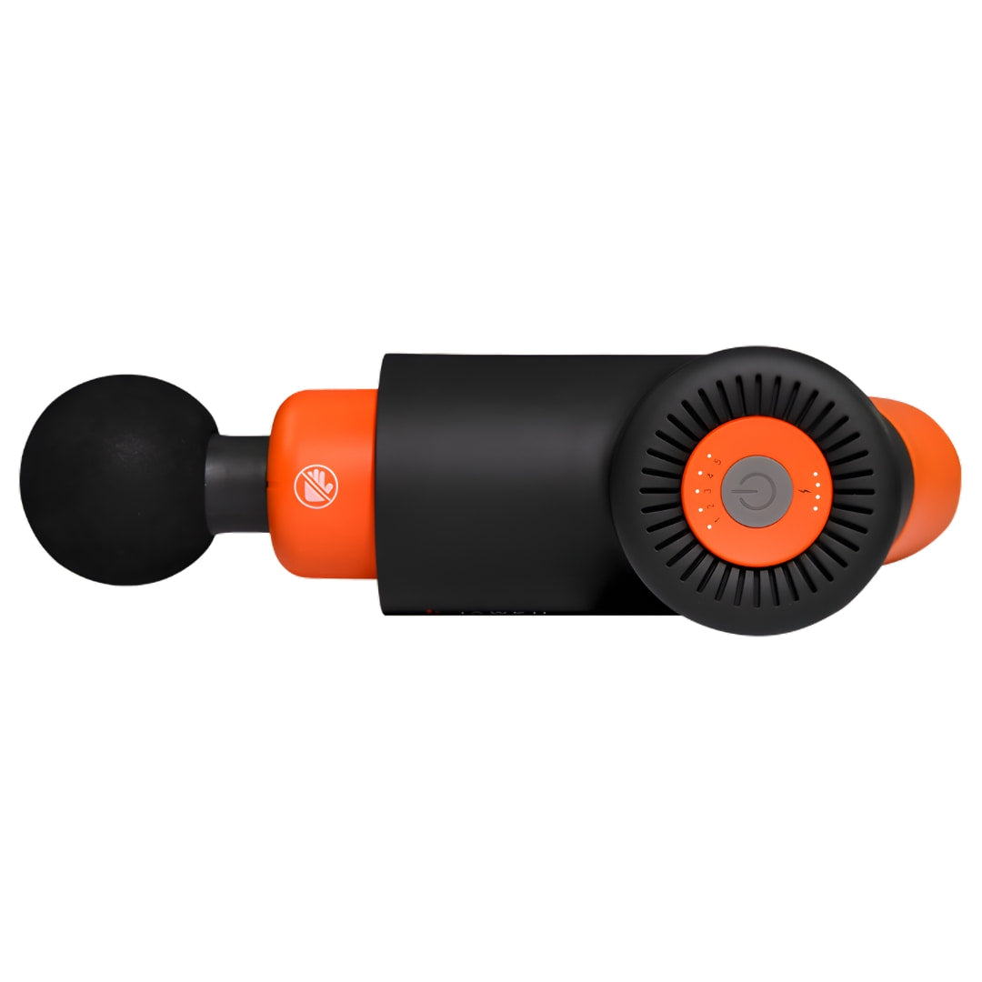 Black and orange handheld massage gun with round head and power button.