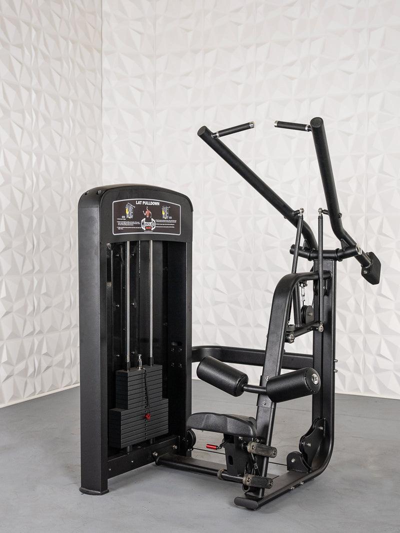 Black lat pulldown machine with padded seat in a modern gym setting.