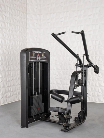 Black lat pulldown machine with padded seat in a modern gym setting.