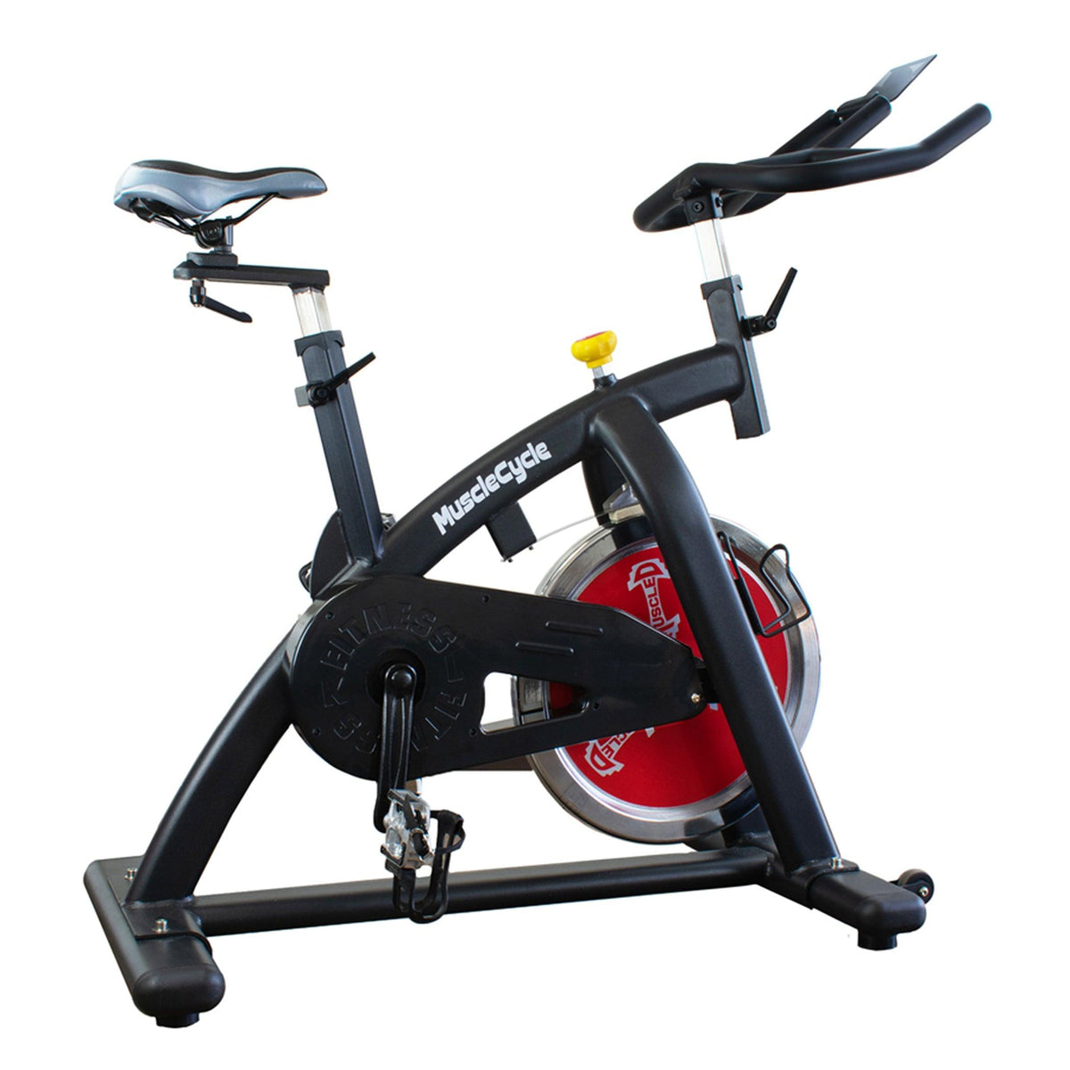 Musclecycle light-commercial spin bike with red flywheel and adjustable seat.