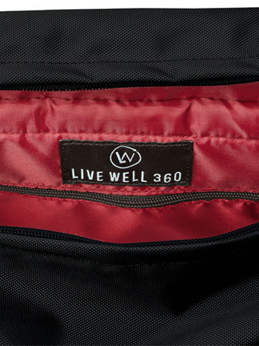 Live Well 360 label on black bag interior with red lining